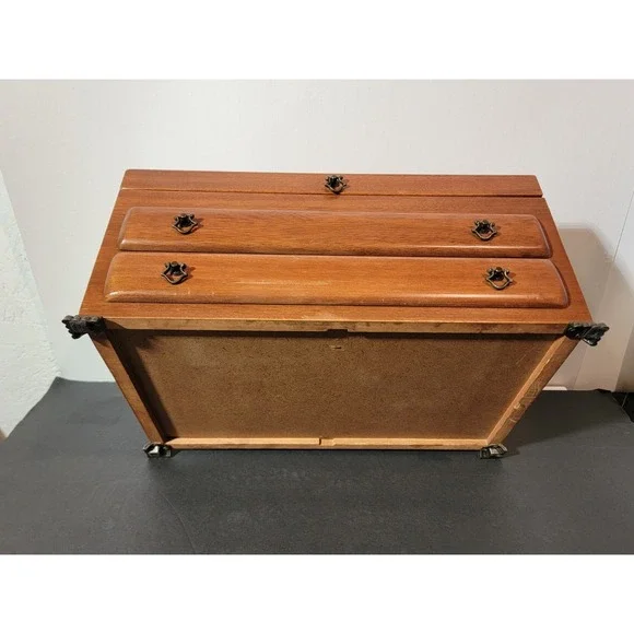 Vintage Wooden Jewelry Box Chest Organizer Yellow Felt Lined 2 Drawer Open Top - Picture 11 of 16